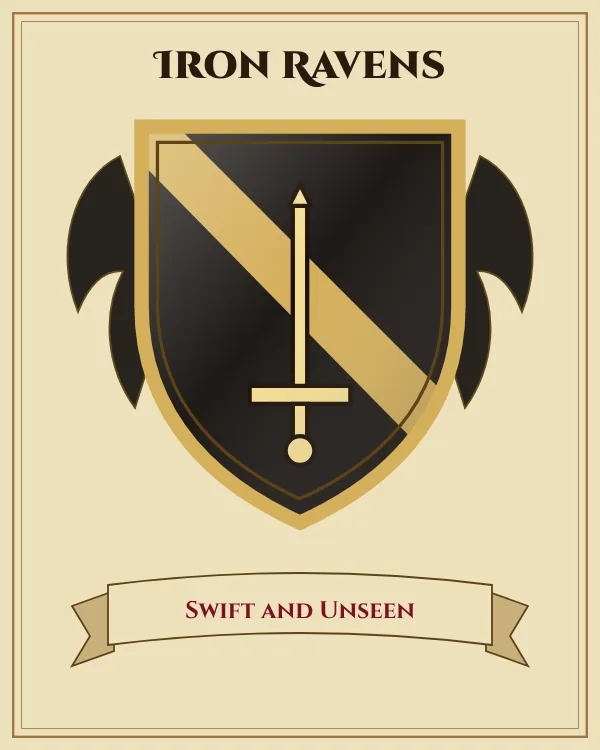 Coat of arms of Iron Ravens: a black shield with a gold diagonal band and a gold sword, motto "Swift and Unseen"