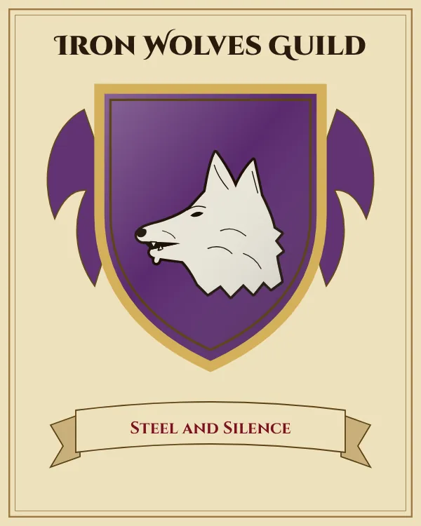 Coat of arms of Iron Wolves Guild: a purple shield and a silver wolf's head, motto "Steel and Silence"