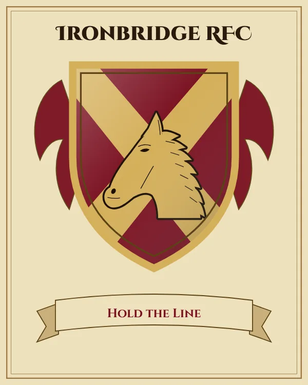 Coat of arms of Ironbridge RFC: a deep red shield with a gold X-shaped cross and a gold horse's head, motto "Hold the Line"