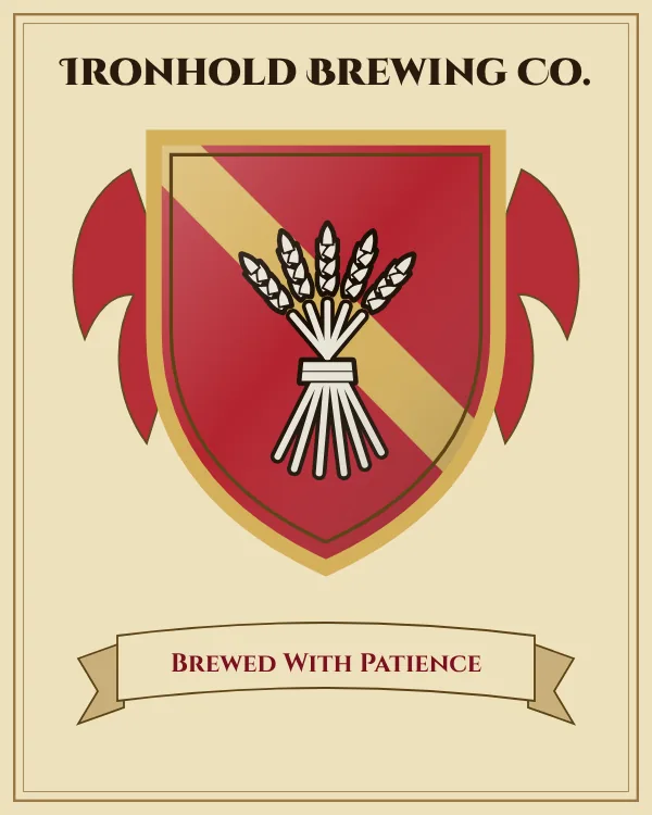 Coat of arms of Ironhold Brewing Co.: a red shield with a gold diagonal band and a silver sheaf of wheat, motto "Brewed With Patience"