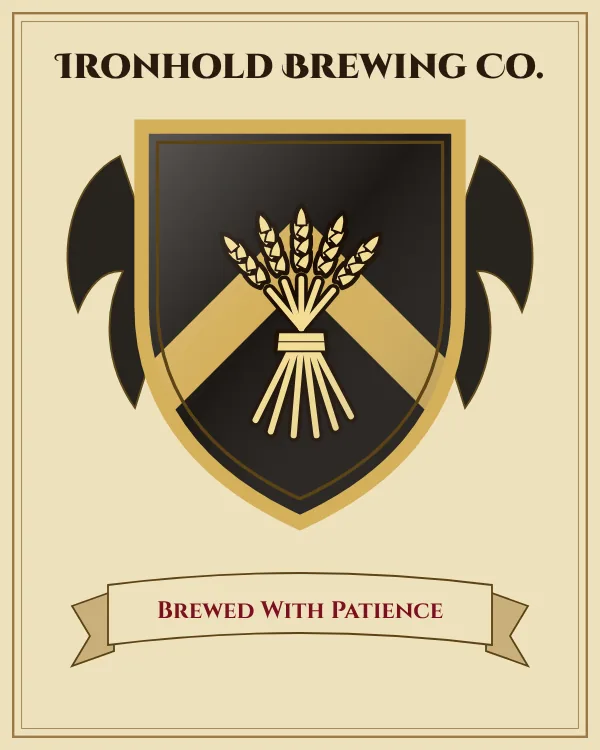 Coat of arms of Ironhold Brewing Co.: a black shield with a gold chevron and a gold sheaf of wheat, motto "Brewed With Patience"