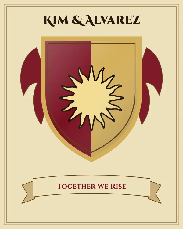 Coat of arms of Kim & Alvarez: a shield split down the middle in deep red and gold and a gold sun, motto "Together We Rise"