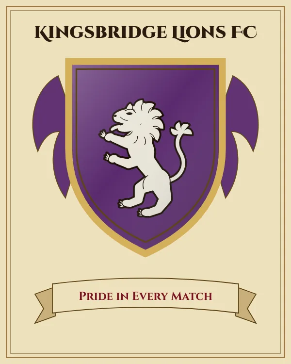 Coat of arms of Kingsbridge Lions FC: a purple shield and a silver rampant lion, motto "Pride in Every Match"