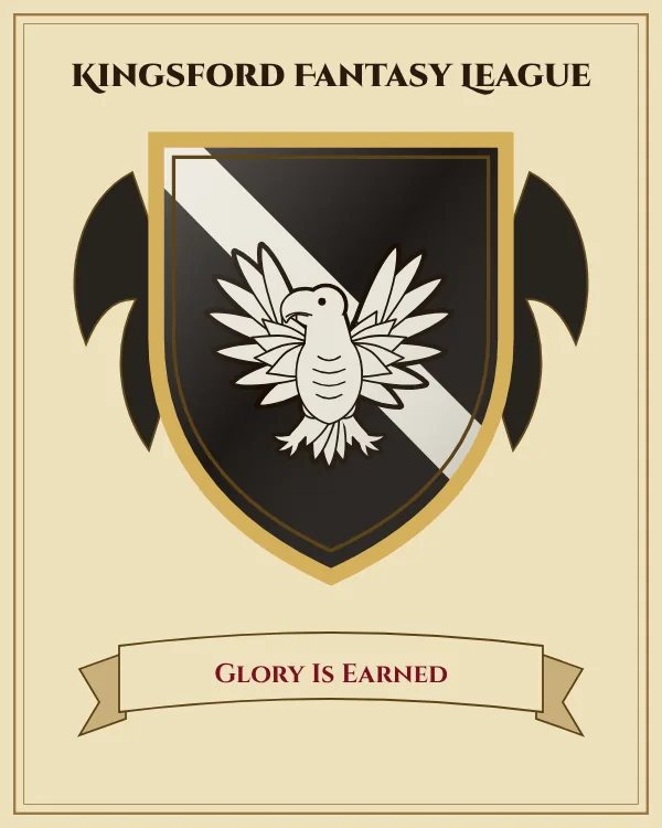 Coat of arms of Kingsford Fantasy League: a black shield with a silver diagonal band and a silver eagle with spread wings, motto "Glory Is Earned"