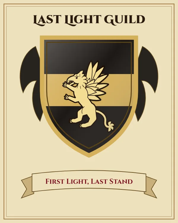 Coat of arms of Last Light Guild: a black shield with a gold horizontal band and a gold griffin, motto "First Light, Last Stand"