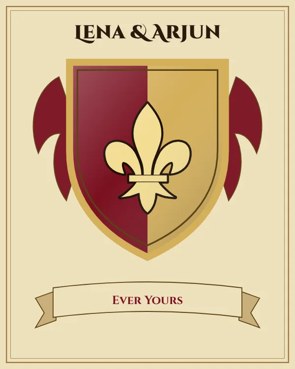 Coat of arms of Lena & Arjun: a shield split down the middle in deep red and gold and a gold fleur-de-lis, motto "Ever Yours"