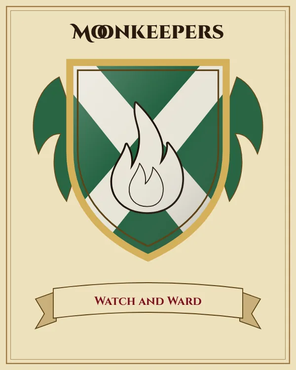 Coat of arms of Moonkeepers: a green shield with a silver X-shaped cross and a silver flame, motto "Watch and Ward"
