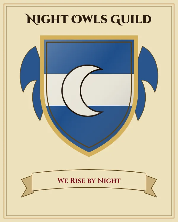 Coat of arms of Night Owls Guild: a blue shield with a silver horizontal band and a silver crescent moon, motto "We Rise by Night"