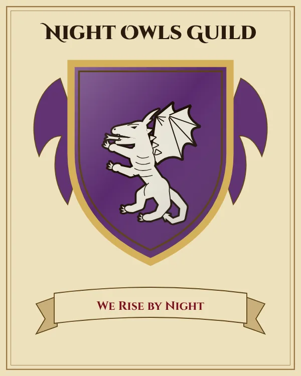 Coat of arms of Night Owls Guild: a purple shield and a silver dragon, motto "We Rise by Night"