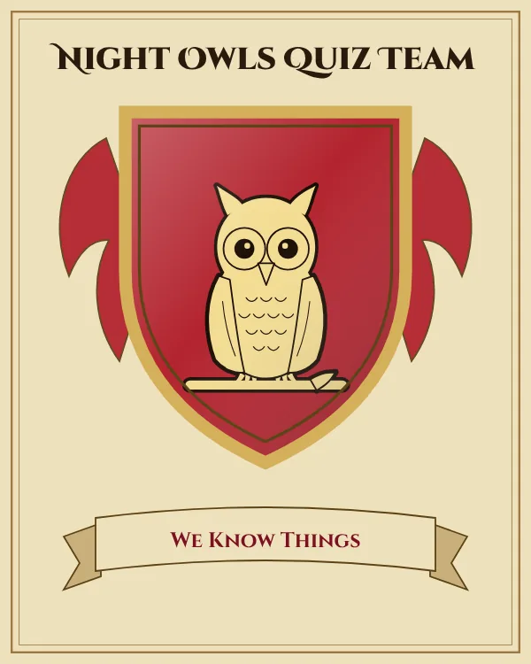 Coat of arms of Night Owls Quiz Team: a red shield and a gold owl, motto "We Know Things"