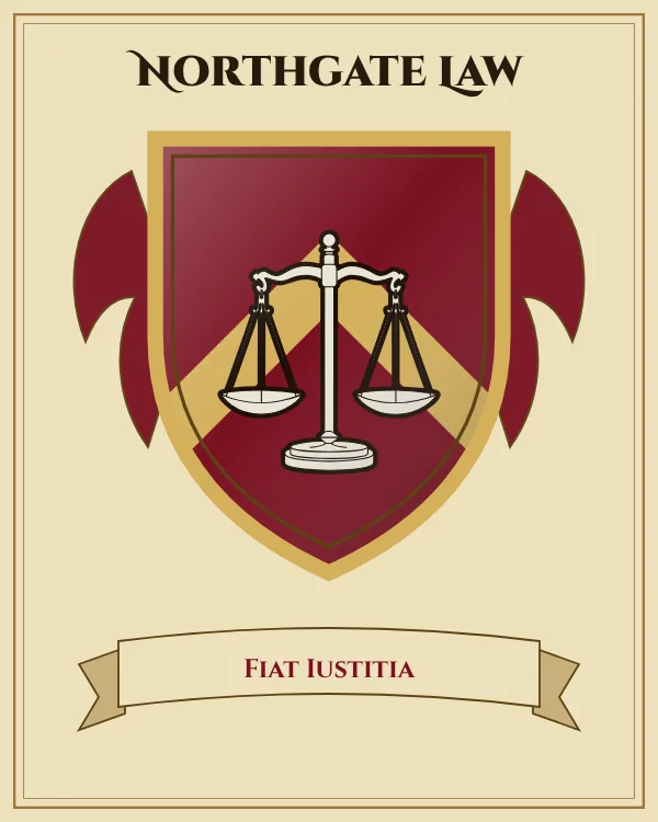 Coat of arms of Northgate Law: a deep red shield with a gold chevron and a silver pair of scales, motto "Fiat Iustitia"