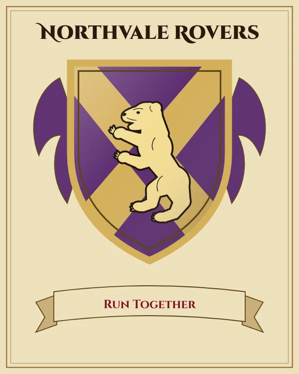 Coat of arms of Northvale Rovers: a purple shield with a gold X-shaped cross and a gold standing bear, motto "Run Together"