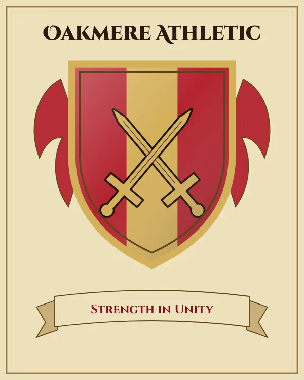 Coat of arms of Oakmere Athletic: a red shield with a gold vertical stripe and a gold pair of crossed swords, motto "Strength in Unity"