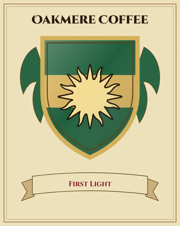 Coat of arms of Oakmere Coffee: a green shield with a gold horizontal band and a gold sun, motto "First Light"