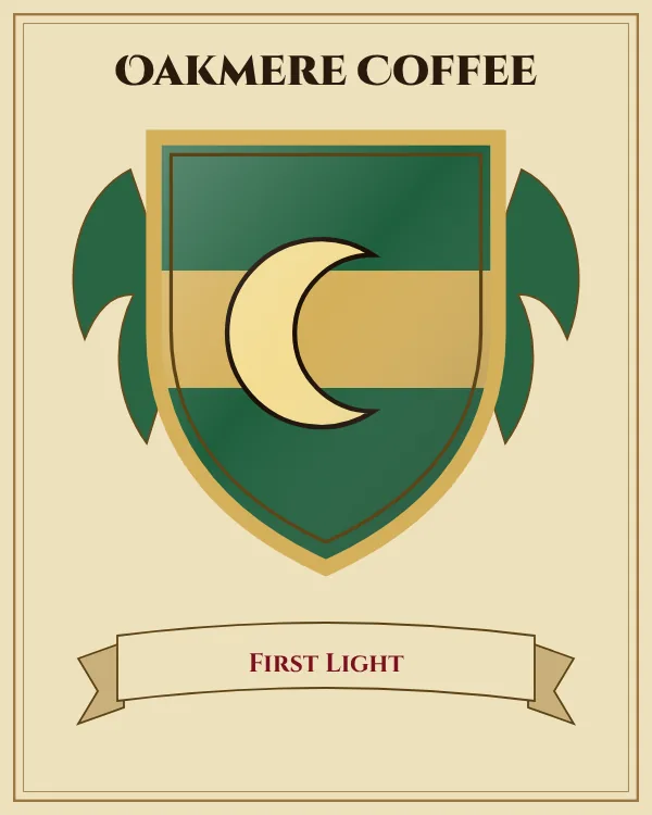 Coat of arms of Oakmere Coffee: a green shield with a gold horizontal band and a gold crescent moon, motto "First Light"