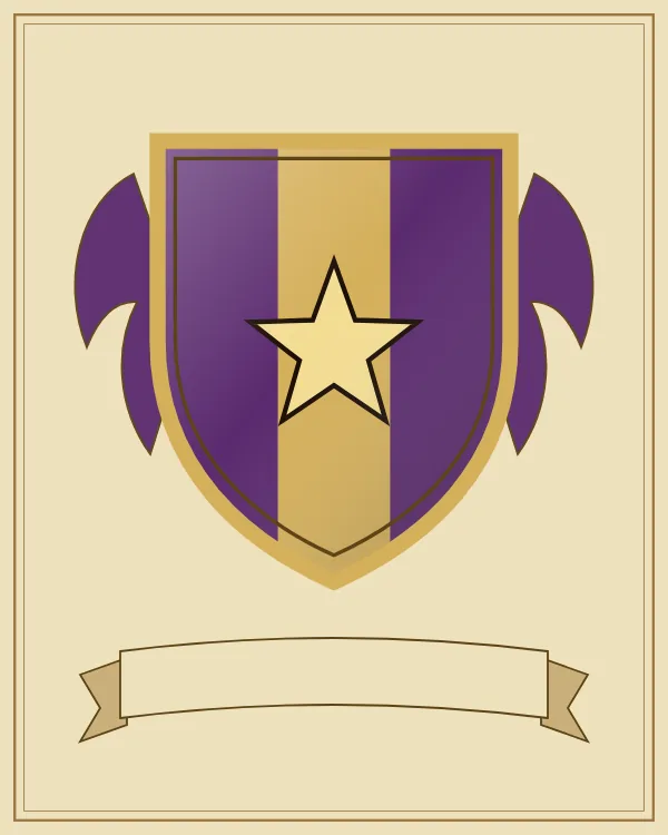 Coat of arms example: a purple shield with a gold vertical stripe and a gold star