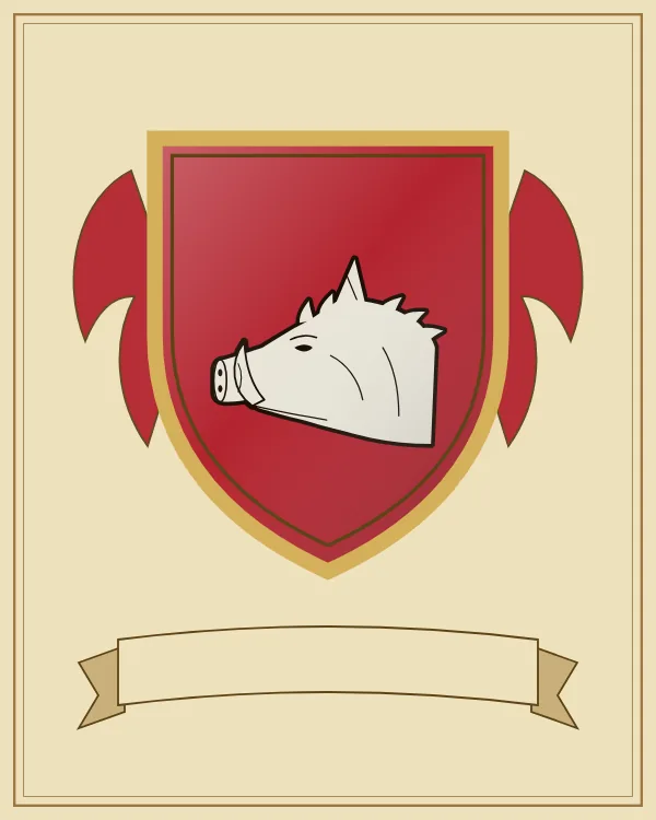 Coat of arms example: a red shield and a silver boar's head