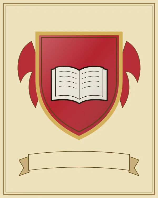 Coat of arms example: a red shield and a silver open book