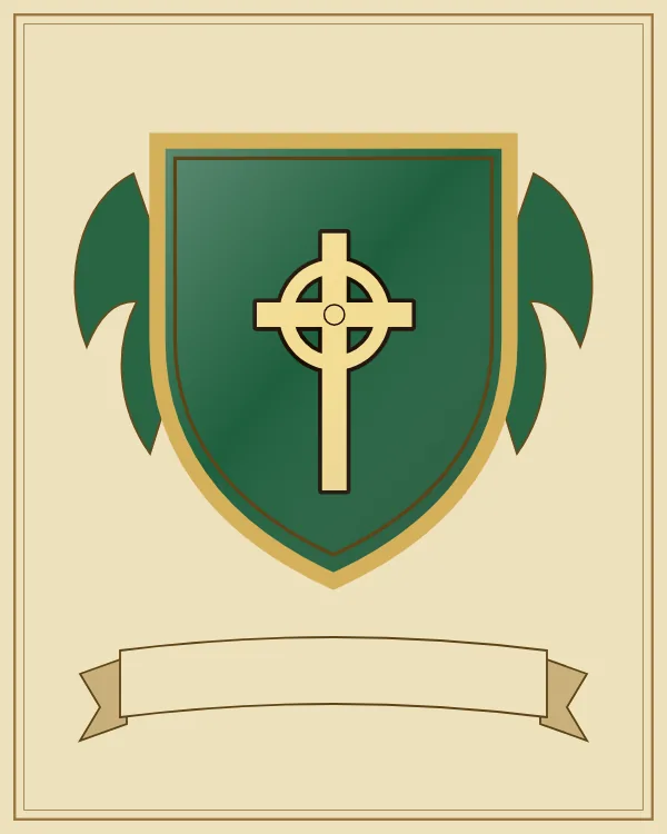 Coat of arms example: a green shield and a gold Celtic cross