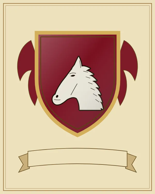 Coat of arms example: a deep red shield and a silver horse's head