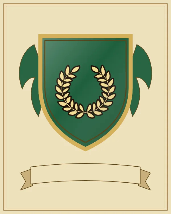 Coat of arms example: a green shield and a gold laurel wreath