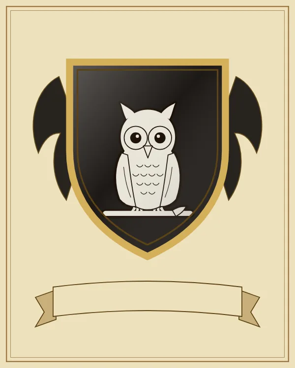 Coat of arms example: a black shield and a silver owl