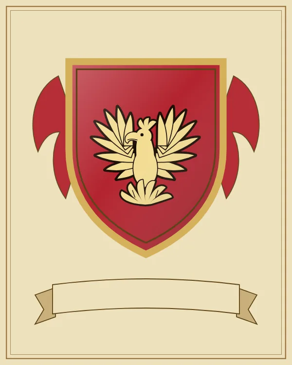 Coat of arms example: a red shield and a gold phoenix rising from flames