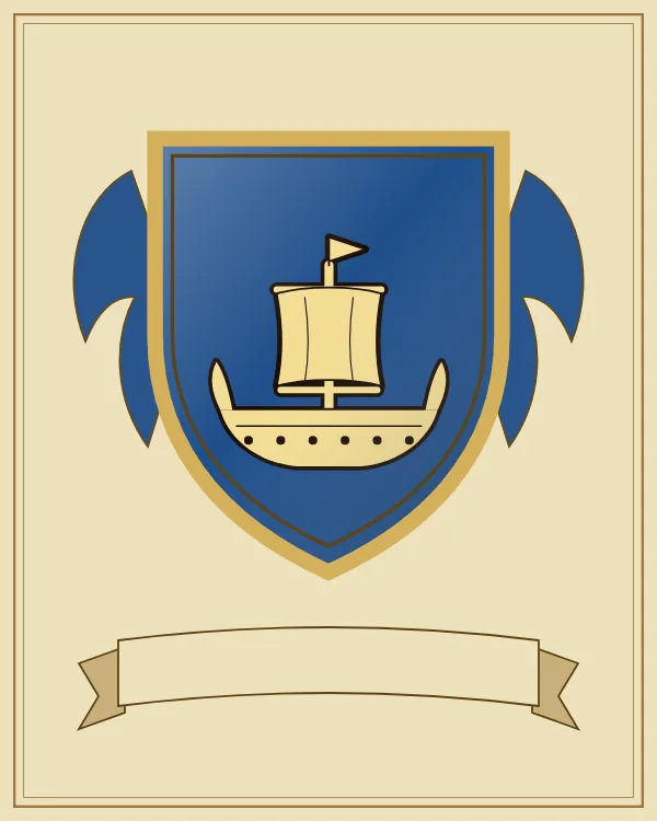 Coat of arms example: a blue shield and a gold sailing ship