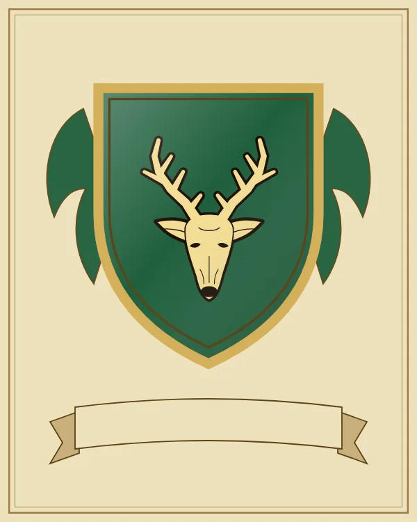 Coat of arms example: a green shield and a gold stag's head with antlers