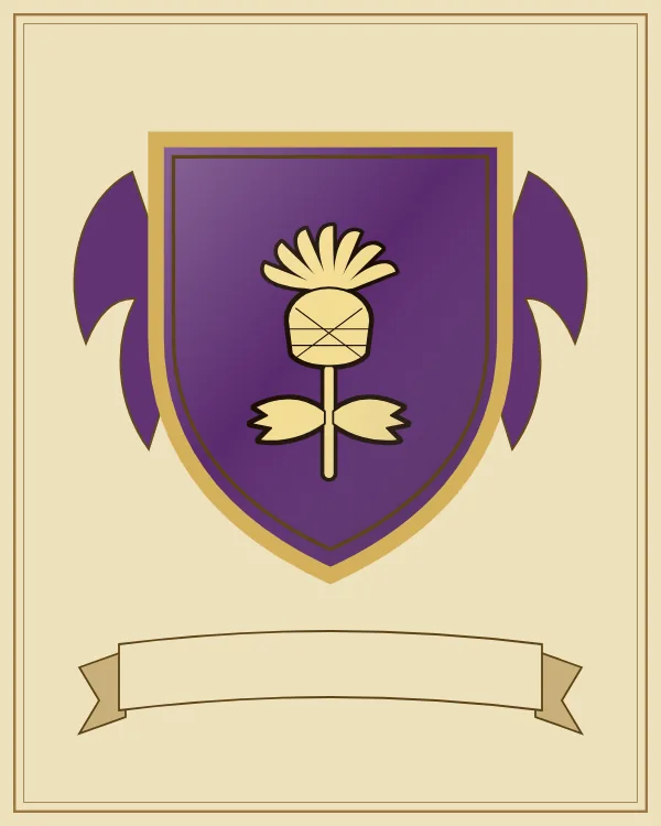 Coat of arms example: a purple shield and a gold thistle