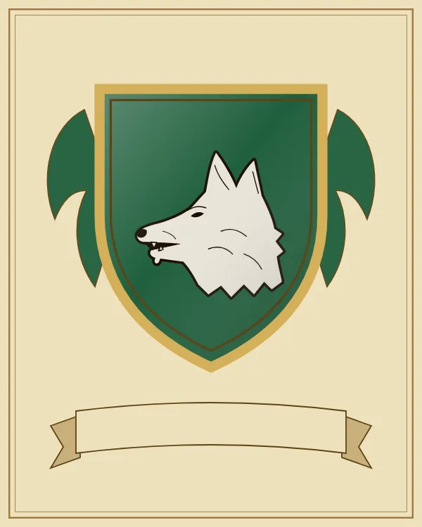 Coat of arms example: a green shield and a silver wolf's head