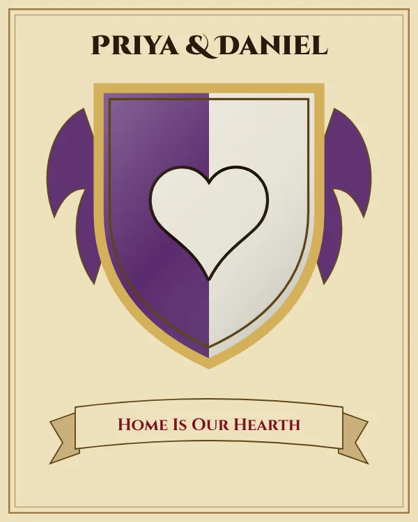 Coat of arms of Priya & Daniel: a shield split down the middle in purple and silver and a silver heart, motto "Home Is Our Hearth"
