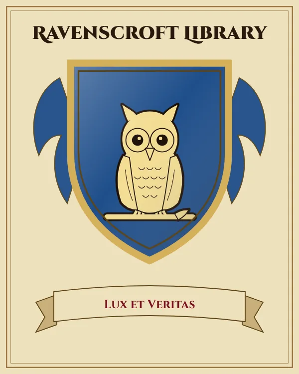 Coat of arms of Ravenscroft Library: a blue shield and a gold owl, motto "Lux et Veritas"
