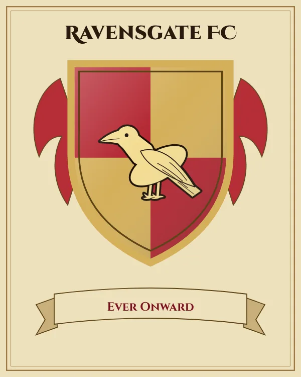 Coat of arms of Ravensgate FC: a shield quartered in red and gold and a gold raven, motto "Ever Onward"