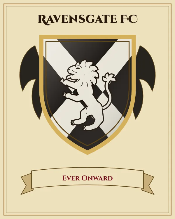 Coat of arms of Ravensgate FC: a black shield with a silver X-shaped cross and a silver rampant lion, motto "Ever Onward"