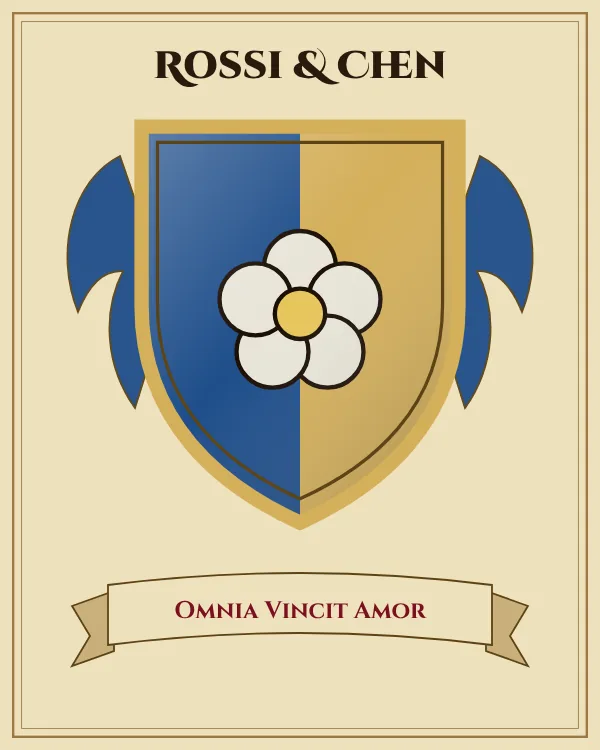 Coat of arms of Rossi & Chen: a shield split down the middle in blue and gold and a silver rose, motto "Omnia Vincit Amor"