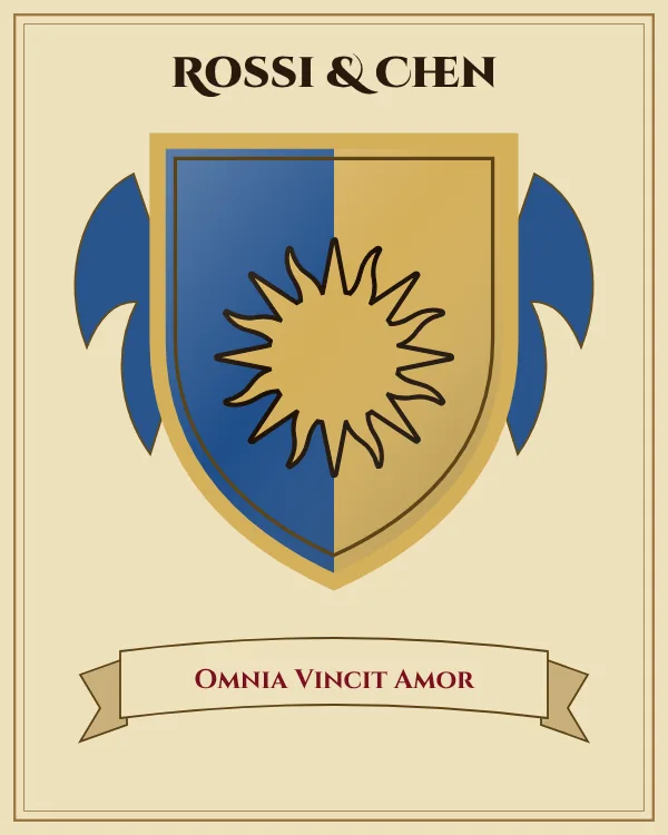 Coat of arms of Rossi & Chen: a shield split down the middle in blue and gold and a gold sun, motto "Omnia Vincit Amor"
