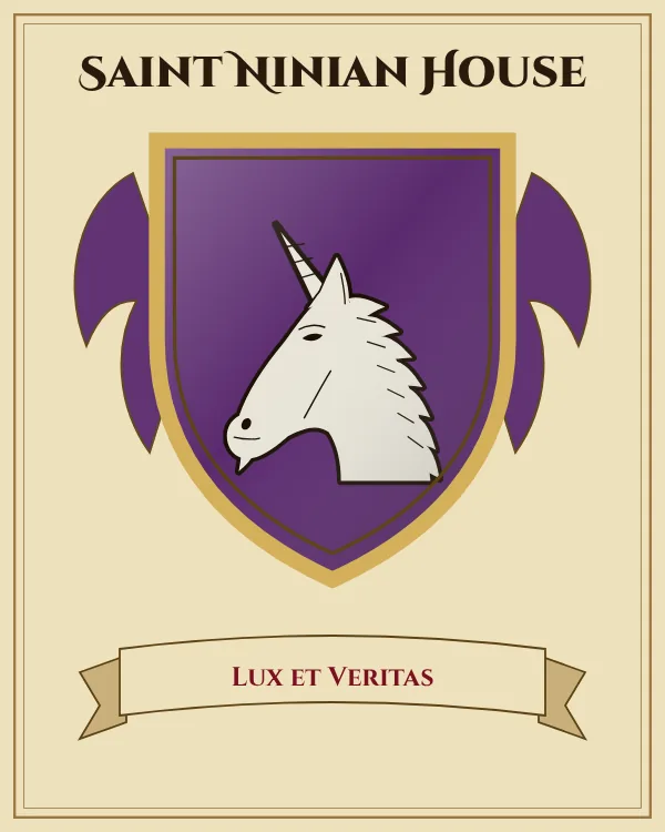 Coat of arms of Saint Ninian House: a purple shield and a silver unicorn's head, motto "Lux et Veritas"