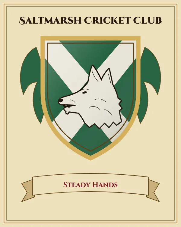 Coat of arms of Saltmarsh Cricket Club: a green shield with a silver X-shaped cross and a silver wolf's head, motto "Steady Hands"