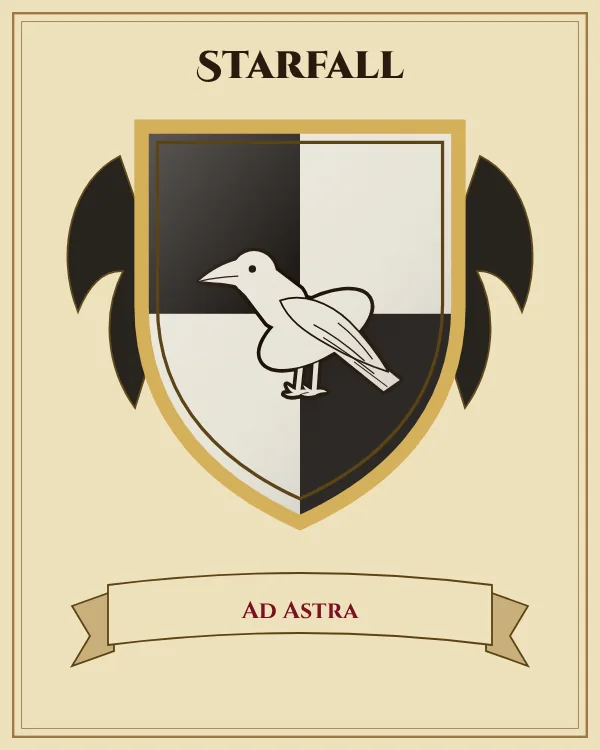 Coat of arms of Starfall: a shield quartered in black and silver and a silver raven, motto "Ad Astra"