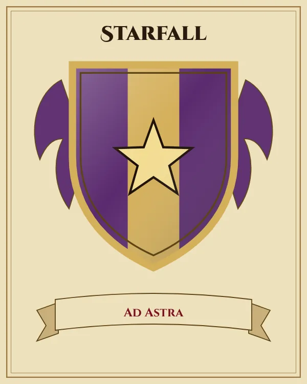 Coat of arms of Starfall: a purple shield with a gold vertical stripe and a gold star, motto "Ad Astra"