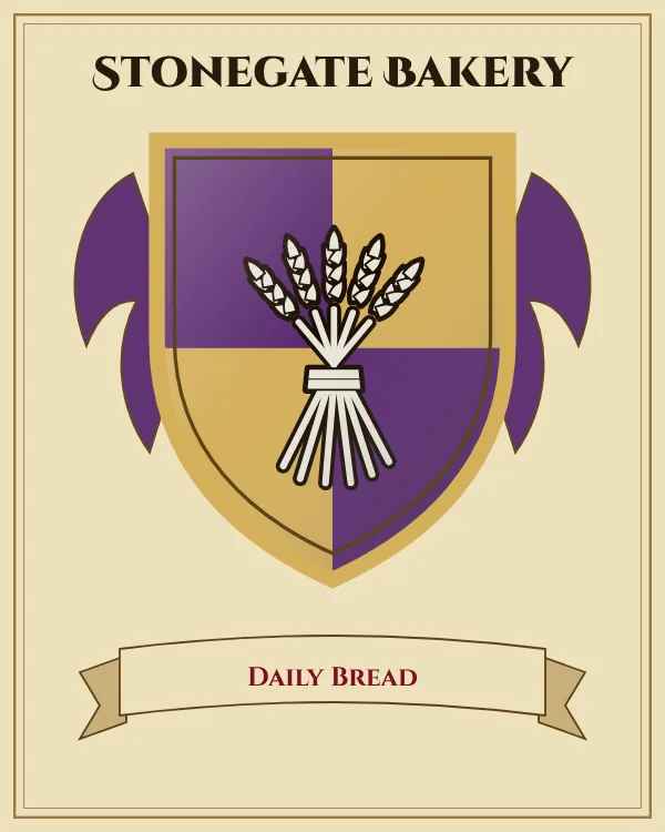 Coat of arms of Stonegate Bakery: a shield quartered in purple and gold and a silver sheaf of wheat, motto "Daily Bread"