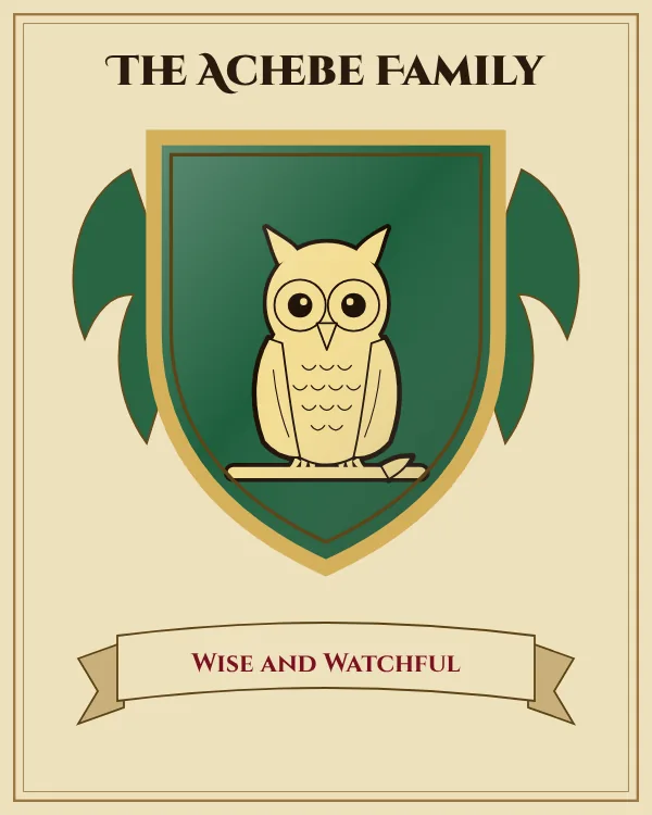 Coat of arms of The Achebe Family: a green shield and a gold owl, motto "Wise and Watchful"