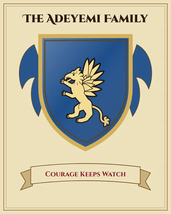 Coat of arms of The Adeyemi Family: a blue shield and a gold griffin, motto "Courage Keeps Watch"