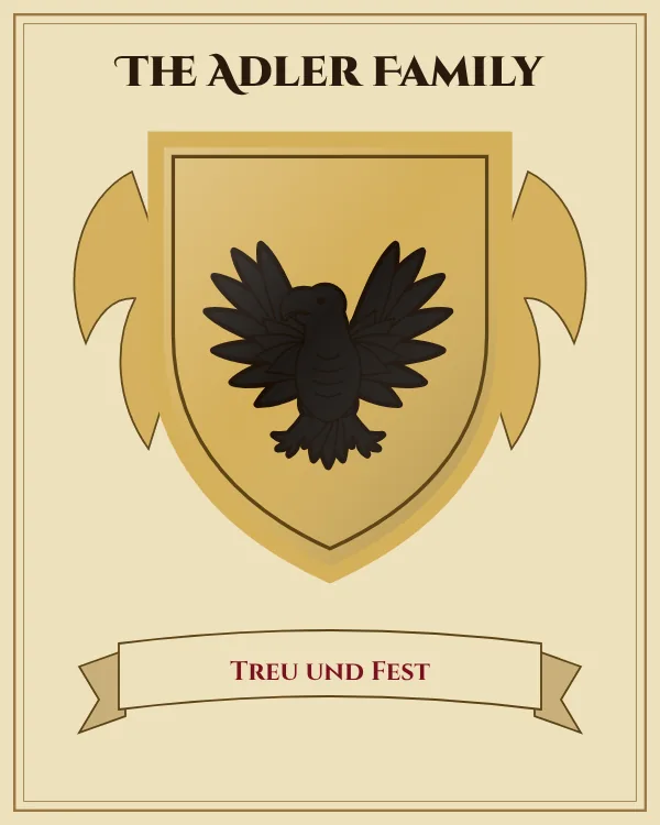 Coat of arms of The Adler Family: a gold shield and a black eagle with spread wings, motto "Treu und Fest"