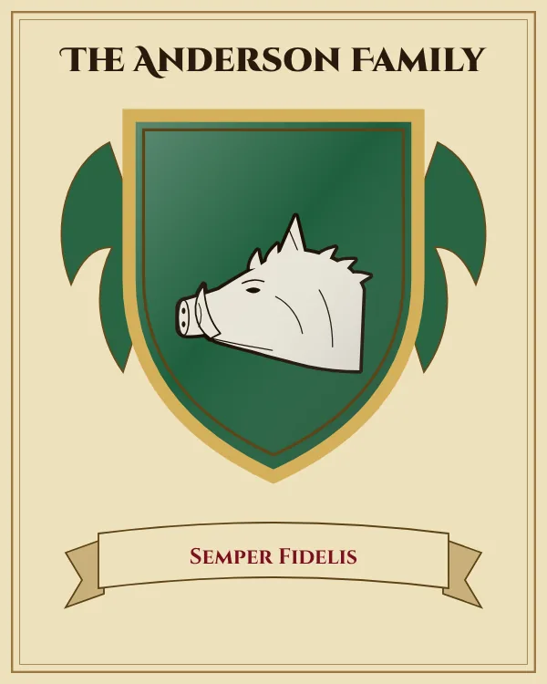 Coat of arms of The Anderson Family: a green shield and a silver boar's head, motto "Semper Fidelis"