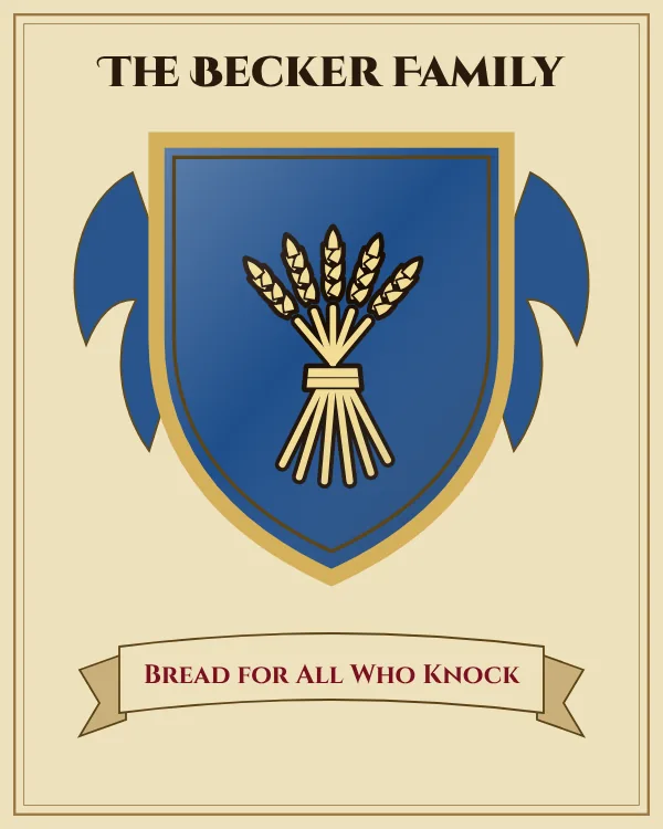 Coat of arms of The Becker Family: a blue shield and a gold sheaf of wheat, motto "Bread for All Who Knock"