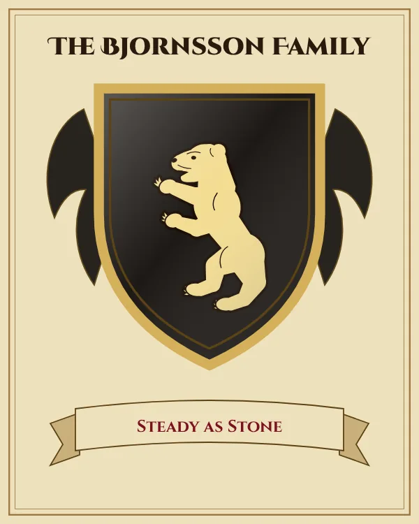Coat of arms of The Bjornsson Family: a black shield and a gold standing bear, motto "Steady as Stone"