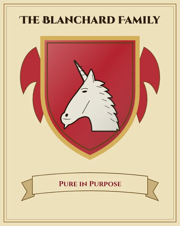Coat of arms of The Blanchard Family: a red shield and a silver unicorn's head, motto "Pure in Purpose"