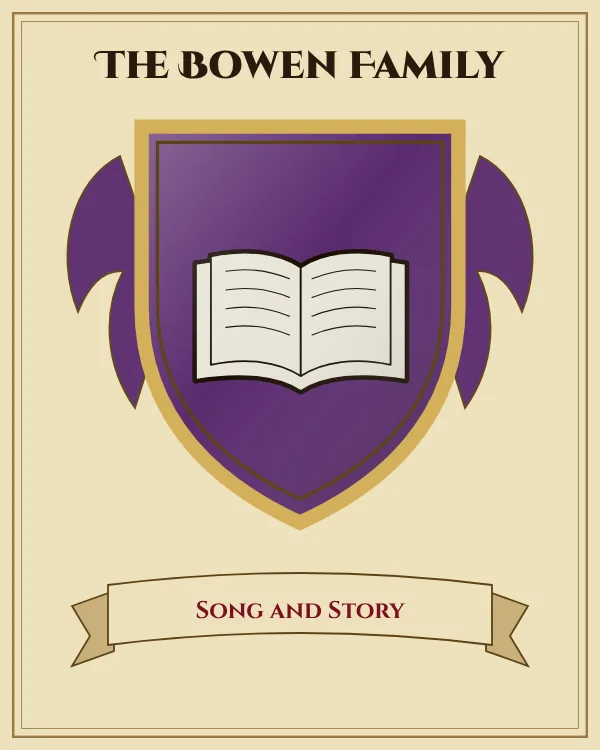 Coat of arms of The Bowen Family: a purple shield and a silver open book, motto "Song and Story"